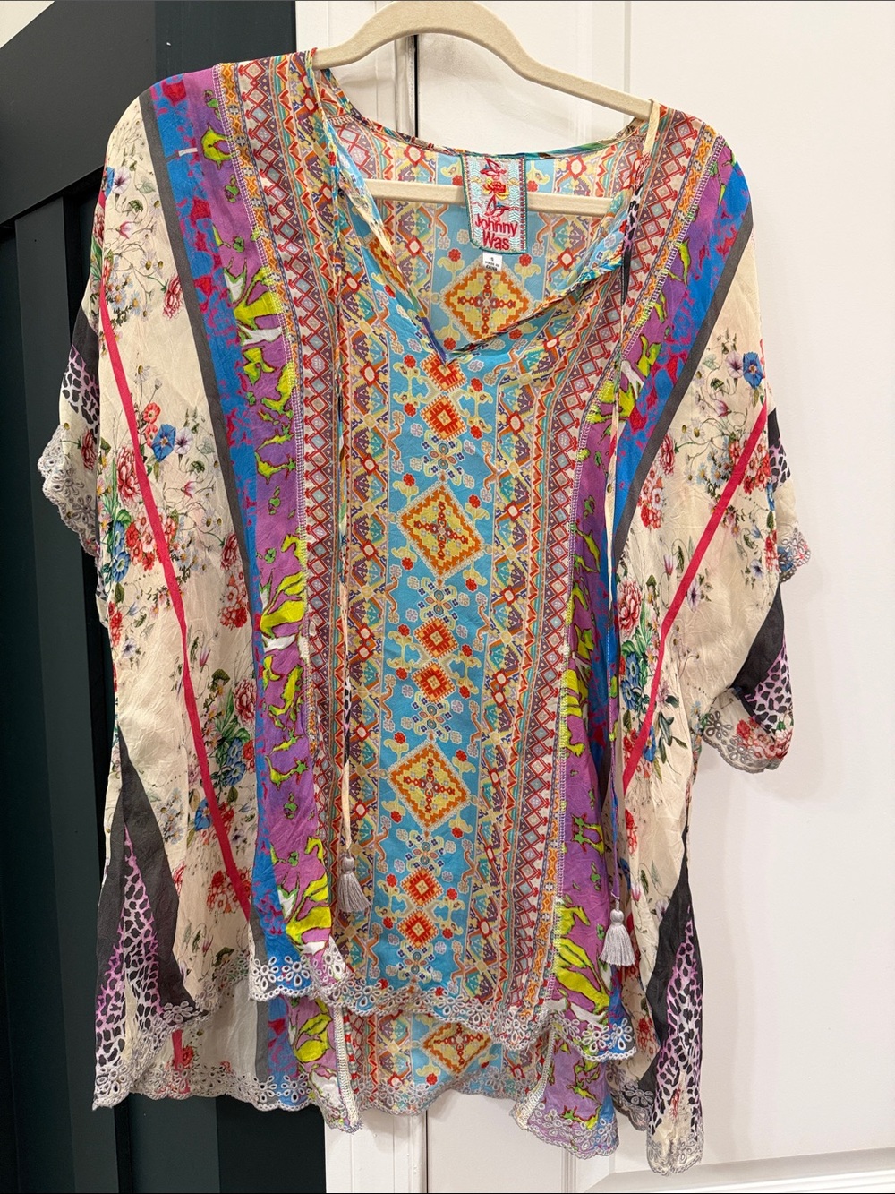 Johnny Was Multicolor Boho Floral & Geometric V-Neck Tunic